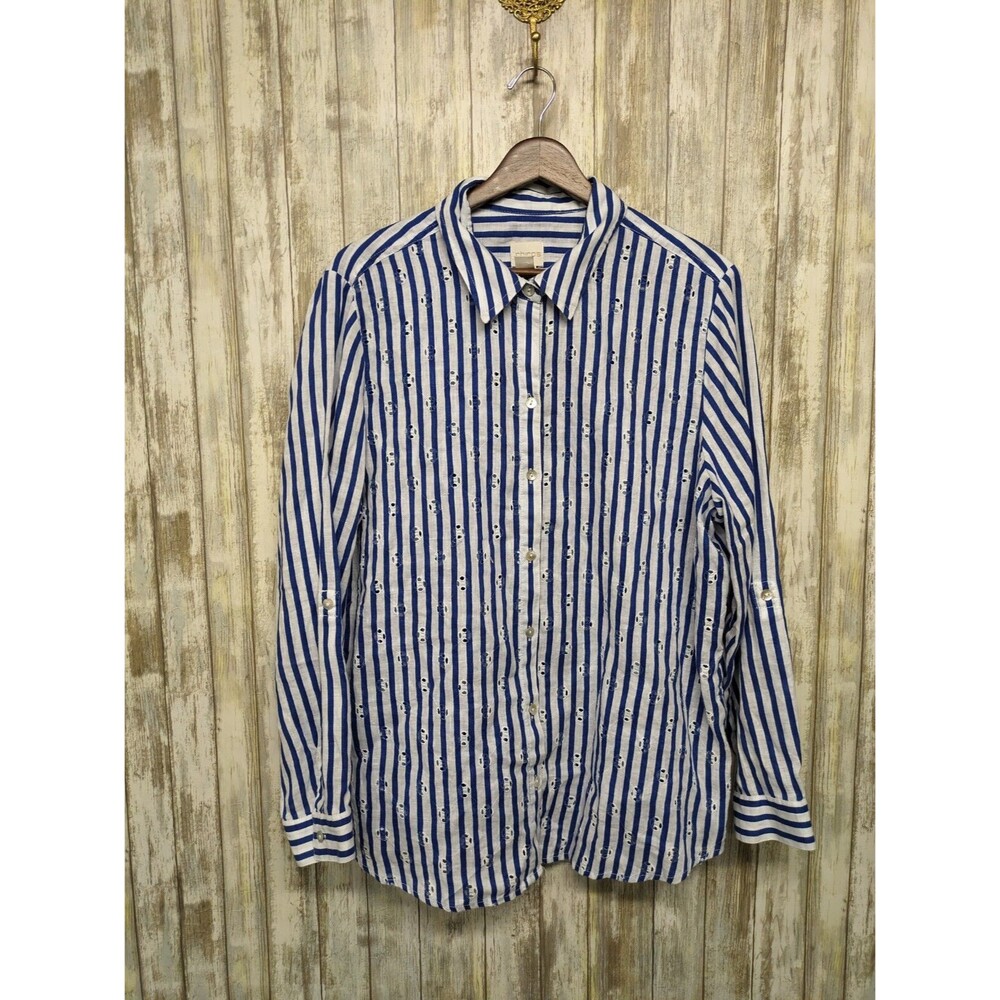 Chico’s 100% Linen Eyelet Striped Button Shirt Roll Tab Coastal Top Size 3 / XL